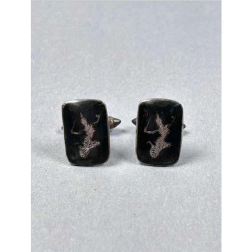 Siam Sterling Cufflinks‎ Mens OS Silver Black Good Niello Enamel Thai Goddess